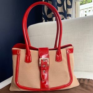 Tod's Red Patent Leather & Linen Handbag